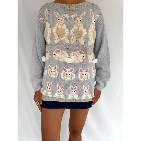 90s vintage bunny rabbit easter holiday novelty animal ugly hand knit sweater - Picture 1 of 8